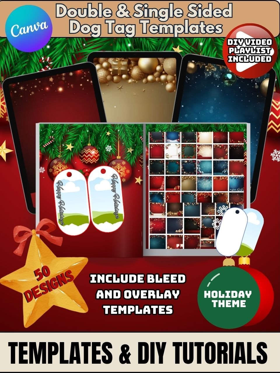 50 Editable Holiday Dog Tag Templates with 60 Bonus Memorial Background Templates - Editable in Canva - DIY Video Playlist Included product image (1)