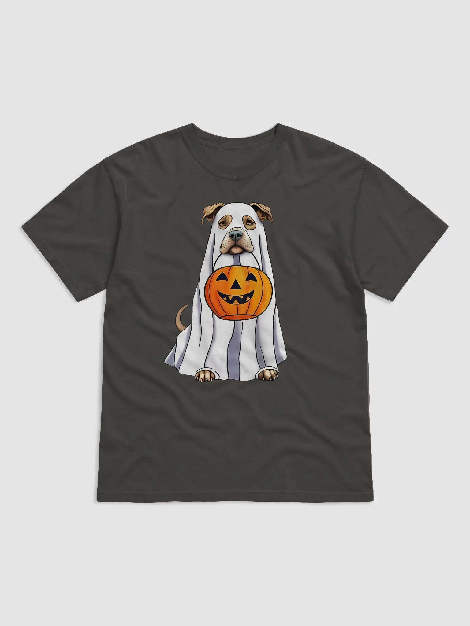 Pitbull(Fawn) Halloween Tee | Funny Halloween Pittie/Staffordshire Wearing a Ghost Costume with Pumpkin Basket product image (1)