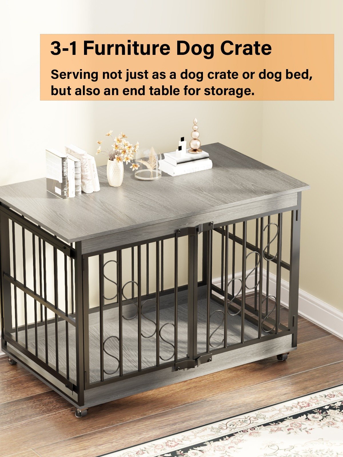 48 Inch Dog Cage Furniture for Extra Large Dog, Double-Doors Heavy Duty Dog Crate with 360° Caster Wheels, Dog Kennel Indoor Decorative Pet House Dog Cage Table, Gray product image (6)
