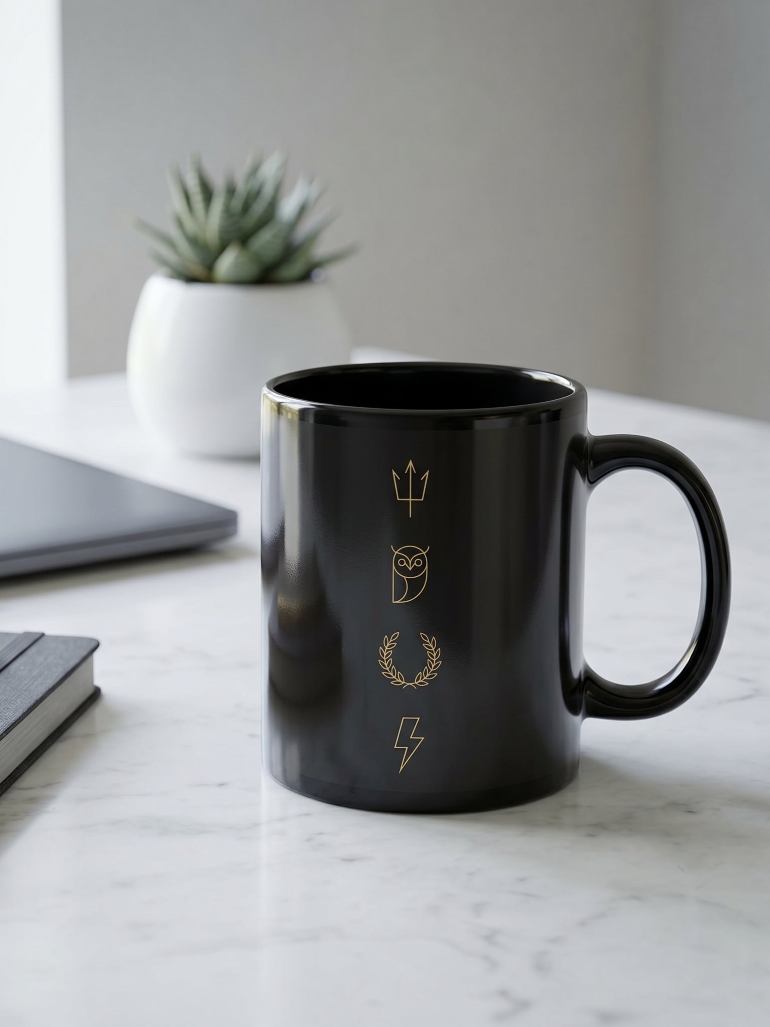 Greek Mythology Symbol Mug – Minimal Trident, Owl & Laurel Design in Black & Gold product image (4)