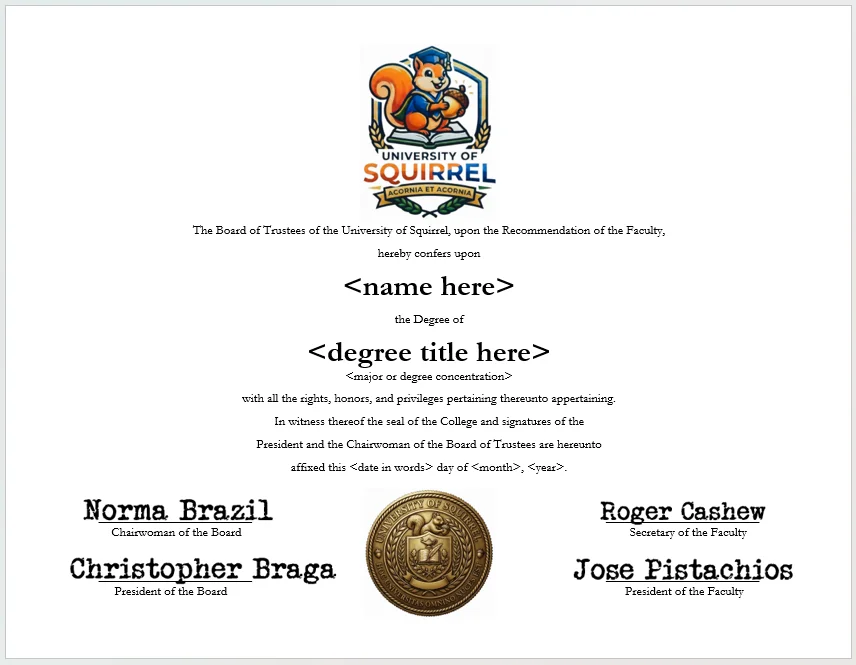 University of Squirrel degree parchment product image (1)