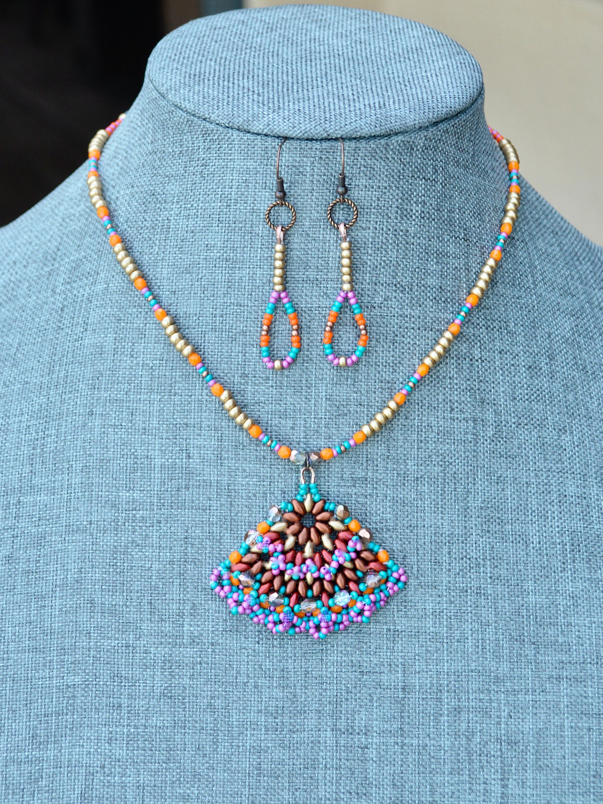Colorful Seed Bead Handmade Fan Pendant Necklace and Dangle Earrings Jewelry Set Purple, Gold, Orange, Blue product image (3)