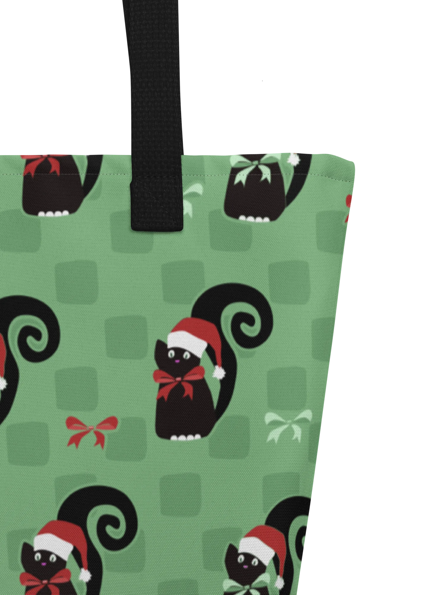 Black Christmas Kitties On Mint Green Checkerboard – Large Tote Bag product image (5)