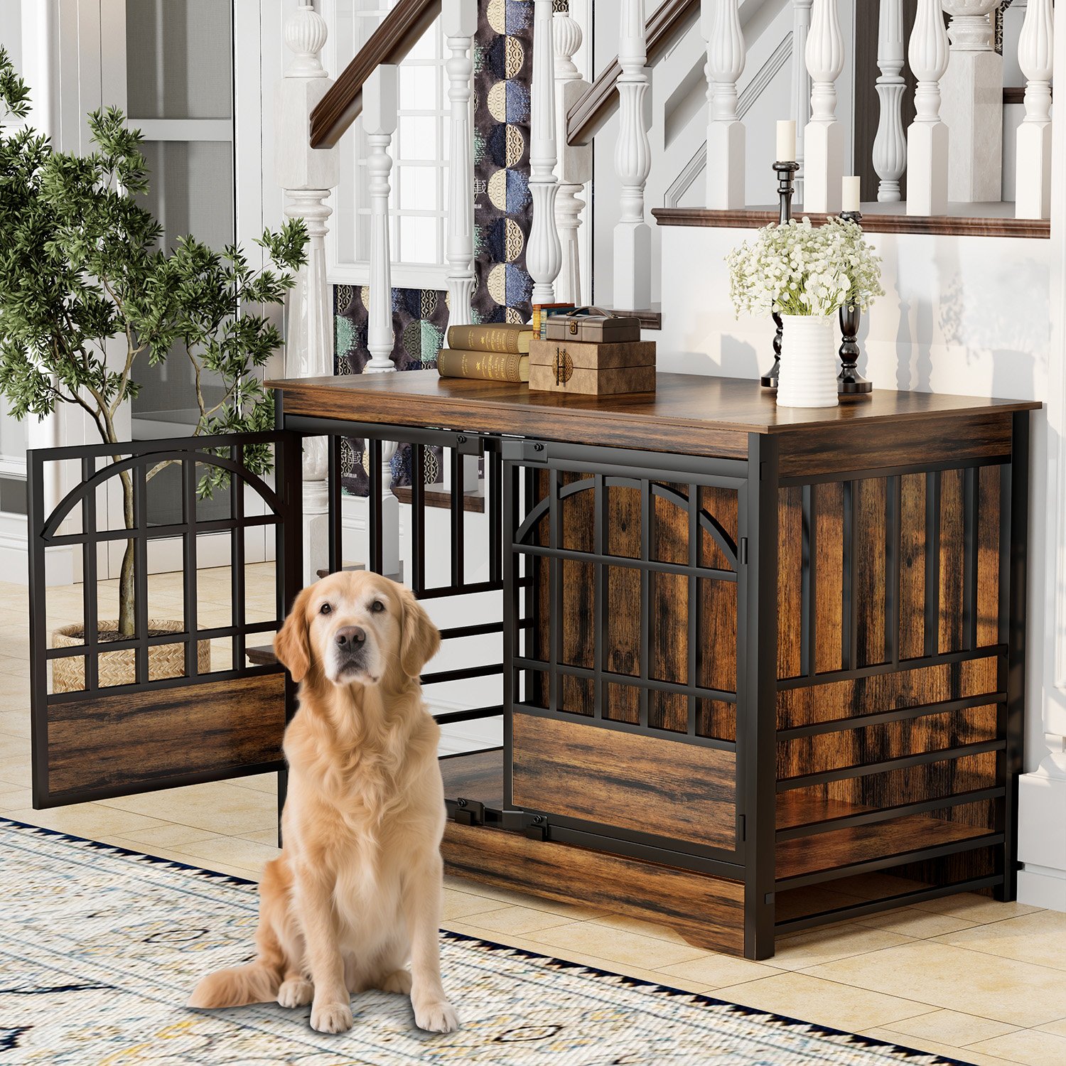 52 inch Dog Crate Furniture, XL Indoor Dog Kennel for Extra Large Breeds, Heavy Duty Wooden Dog Cage with Double Arched Doors, TV Stand & End Table, Retro Brown product image (1)