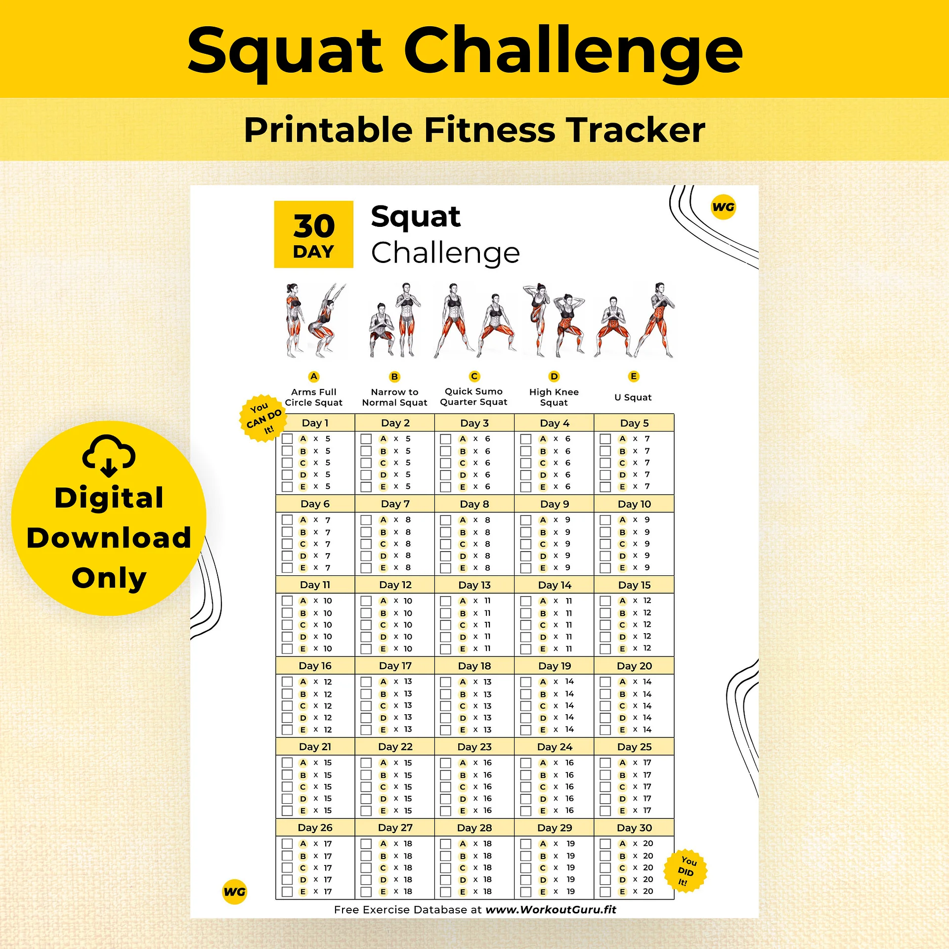 30 Day Squat Challenge - Printable Workout Tracker product image (1)