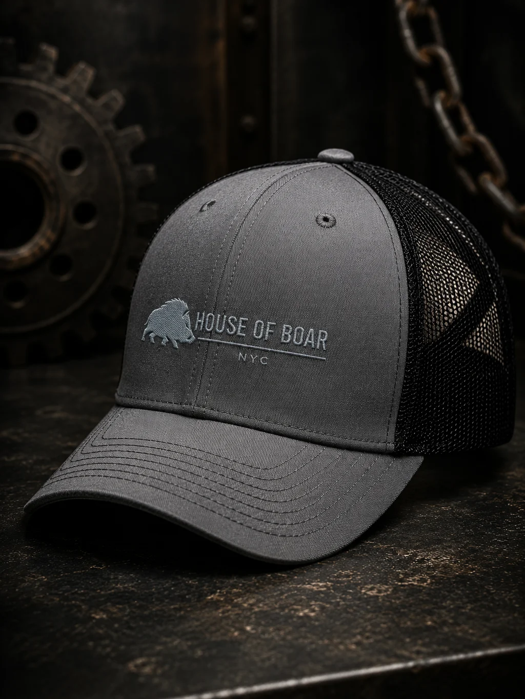 House of Boar NYC — Embroidered Trucker Hat (Heather Gray / Black — Gray Thread) product image (1)