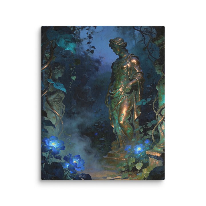 Midnight Garden Goddess | Limited Edition Dark Botanical Fantasy Canvas Print | Copper Verdigris Statue Art | Enchanted Garden Wall Decor | Dark Academia Art product image (1)