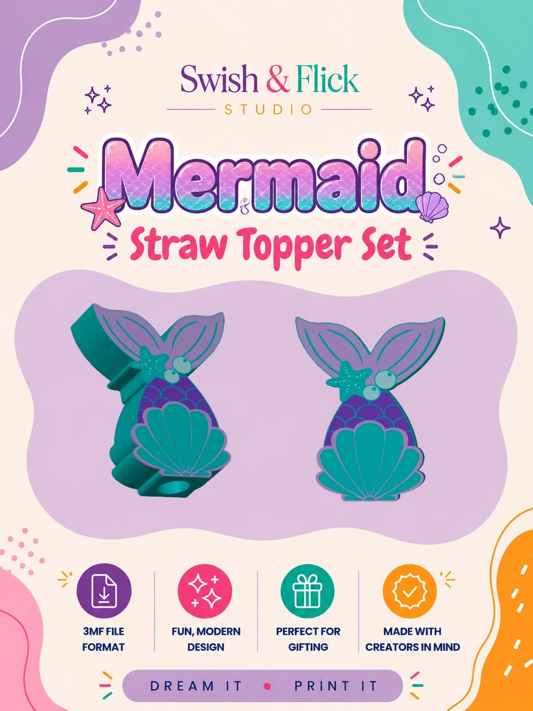 Mermaid 3D Printable Straw Topper File | Includes 8mm & 10mm Sizes | STL + 3MF Digital Download product image (1)