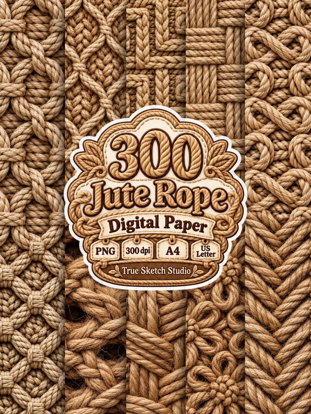Jute Rope Digital Paper Bundle, Beige Brown Woven Textures, Rustic Scrapbook Backgrounds, Braided Motifs, Printable Junk Journal Craft Pages product image (3)