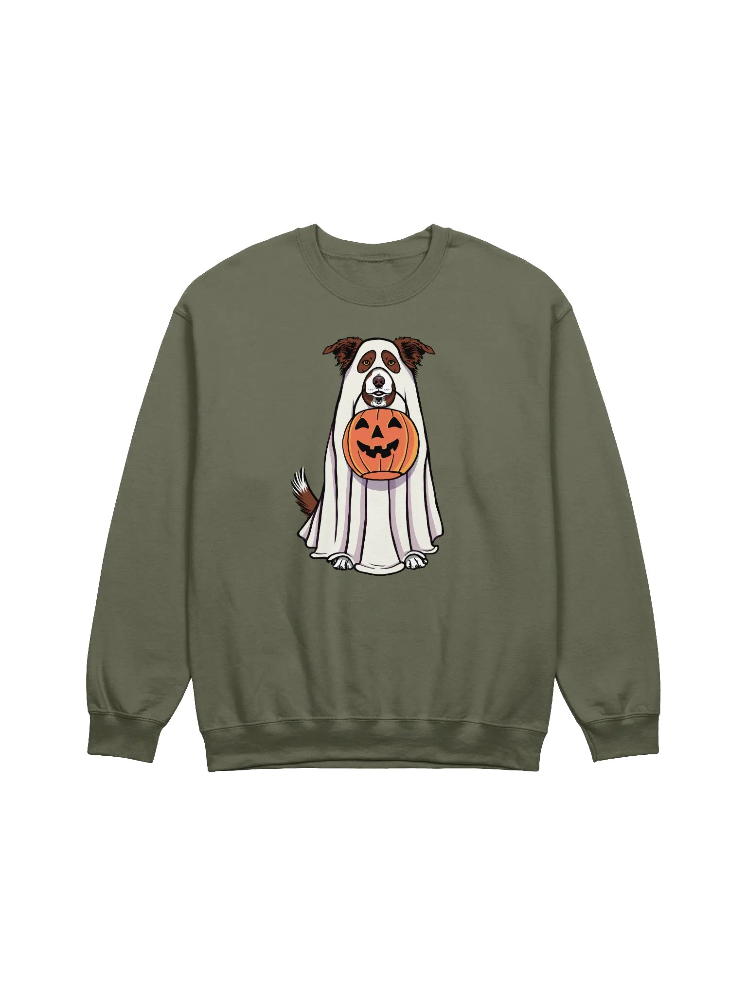 Funny Halloween Border Collie(Brown) Sweatshirt | Funny Border Collie Wearing a Ghost Costume and Holding a Pumpkin Basket product image (1)
