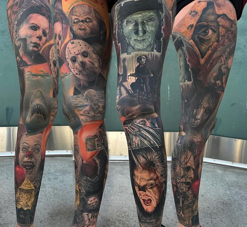 Heres some shots of this horror leg sleeve all healed up and “finished”! I learned a lot over the years with leg!  #creamtatt...
