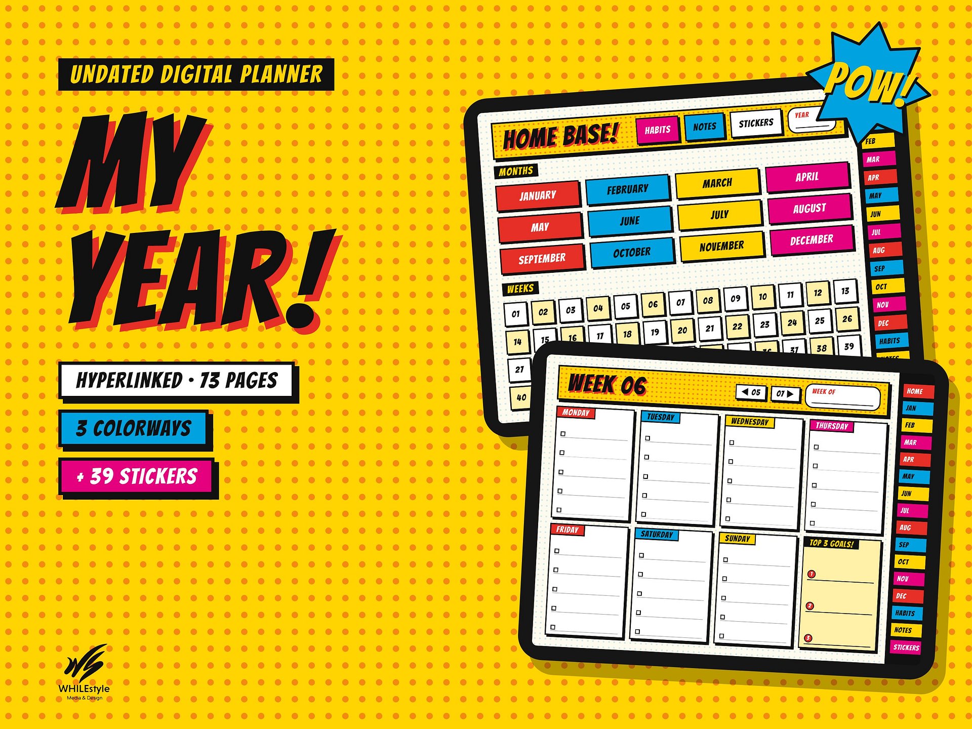 Undated Digital Planner | Hyperlinked GoodNotes Planner, Pop Art Retro Style | iPad Yearly, Monthly & Weekly Planner + 39 Stickers product image (2)