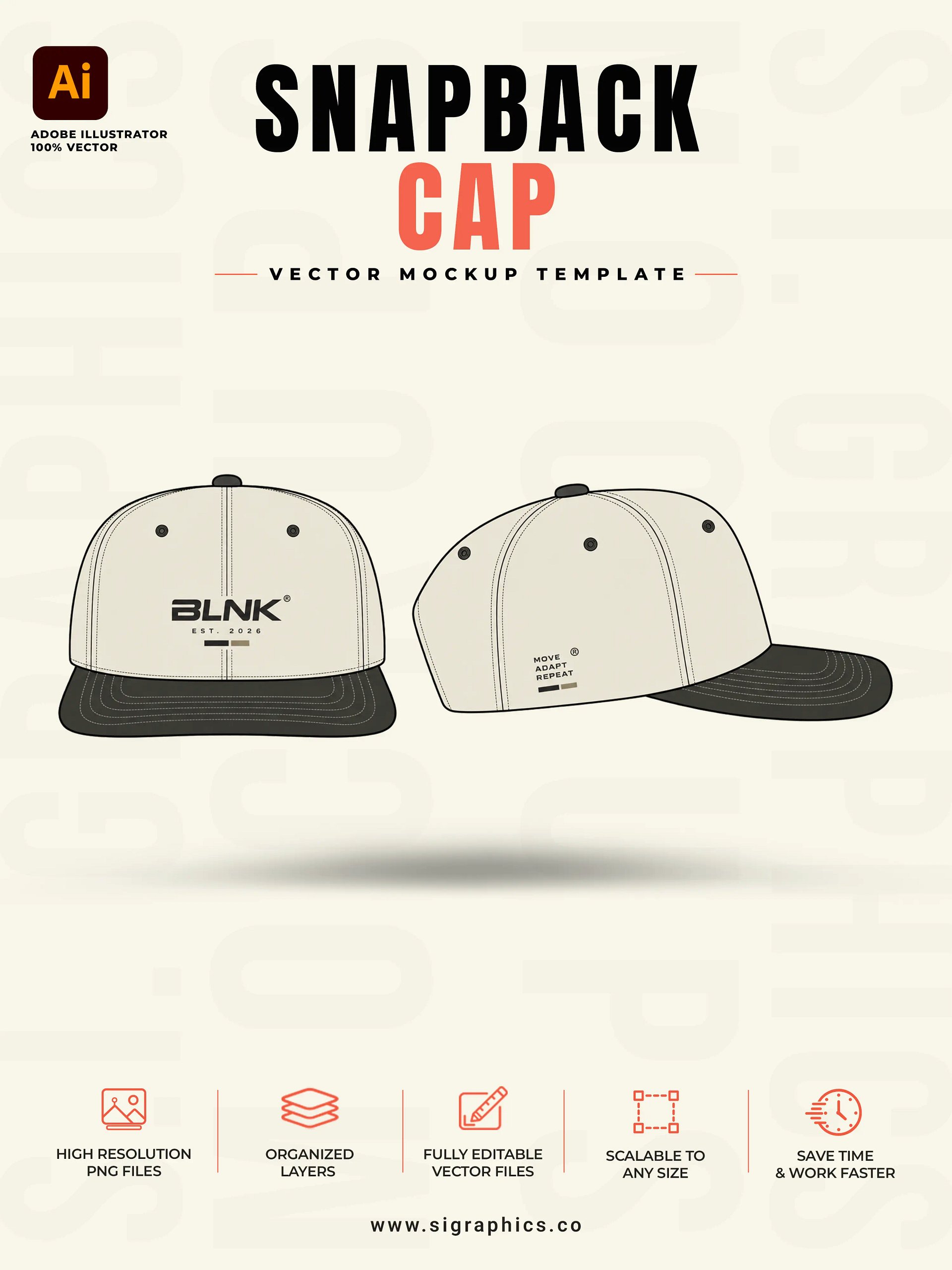 Snapback Cap Vector Mockup Template – Front, Back & Side Flats product image (1)