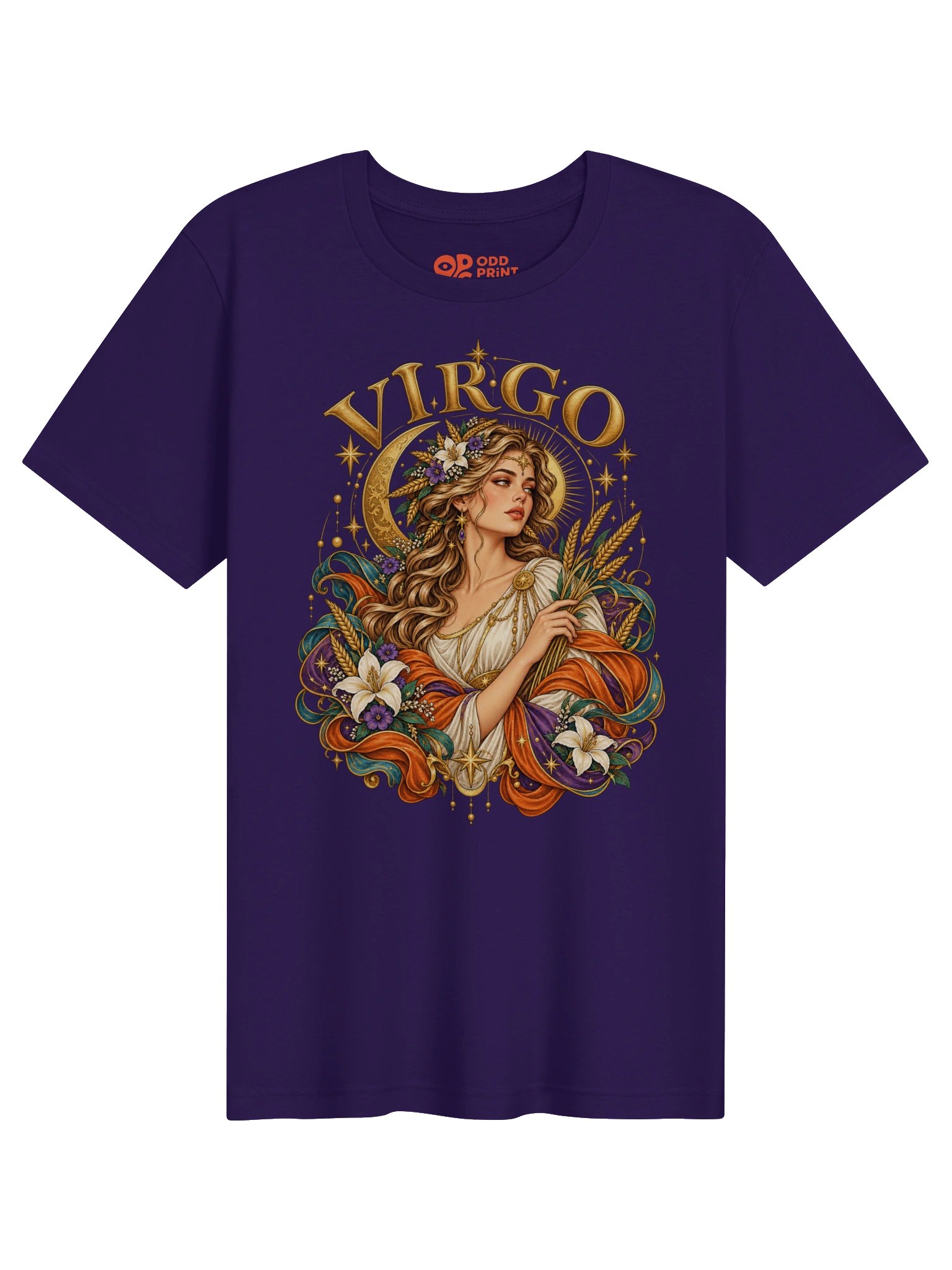 Virgo Zodiac T-Shirt With Celestial Maiden, Wheat and Lilies product image (4)