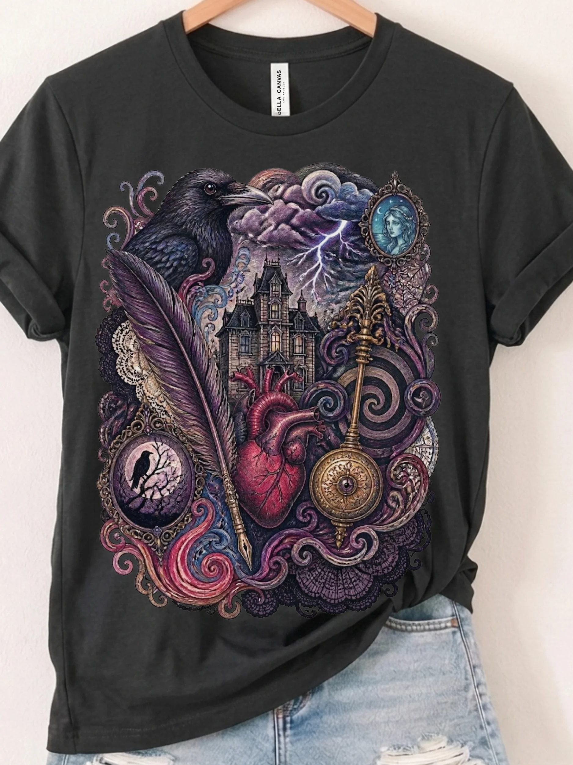 Edgar Allan Poe Whimsigoth Collage Tee, Dark Academia Raven Heart & Haunted House product image (43)