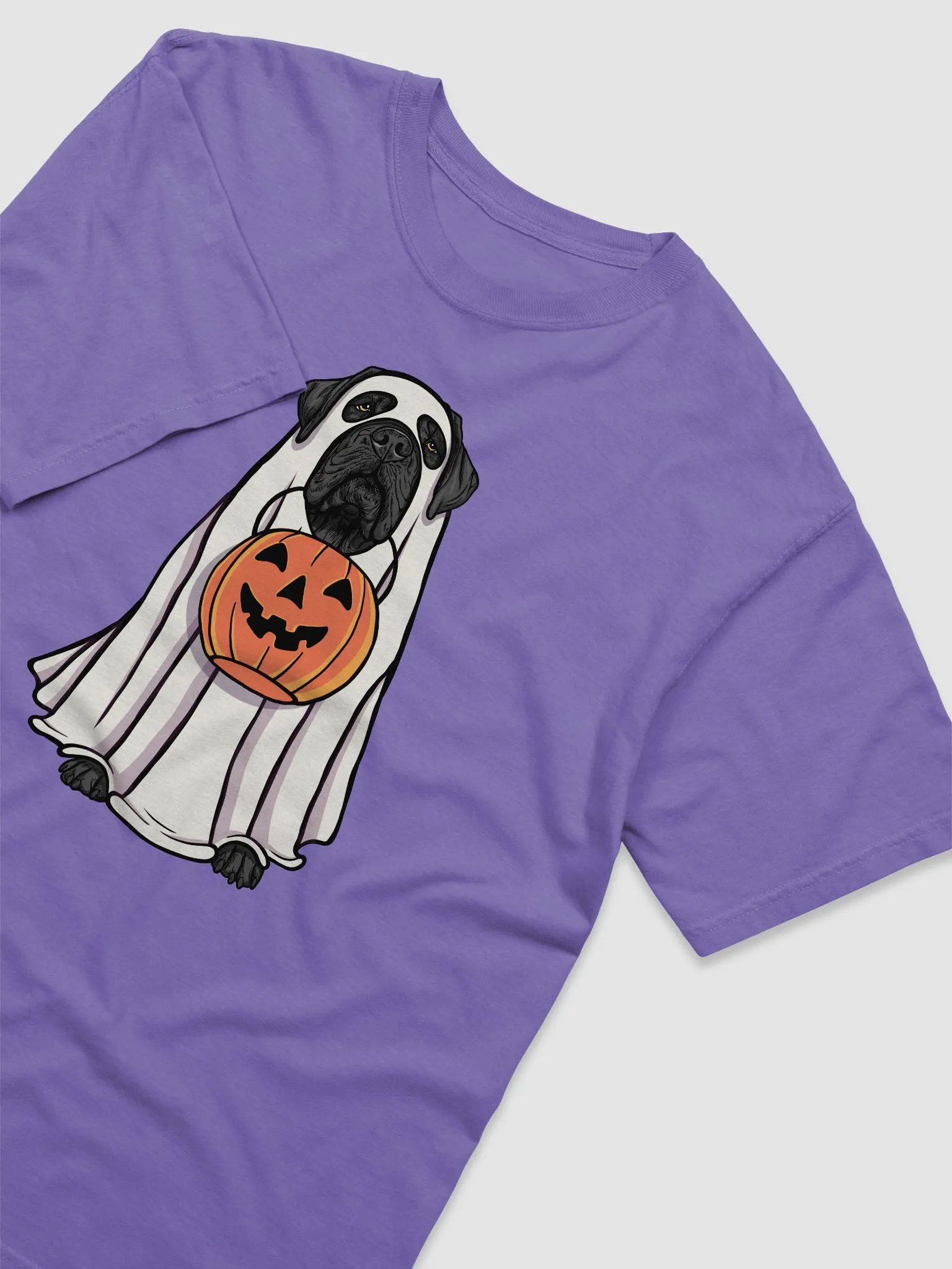 Funny Halloween Neapolitan Mastiff(Black) T-Shirt | Funny Dog Wearing a Ghost Costume and Holding a Pumpkin Basket product image (6)