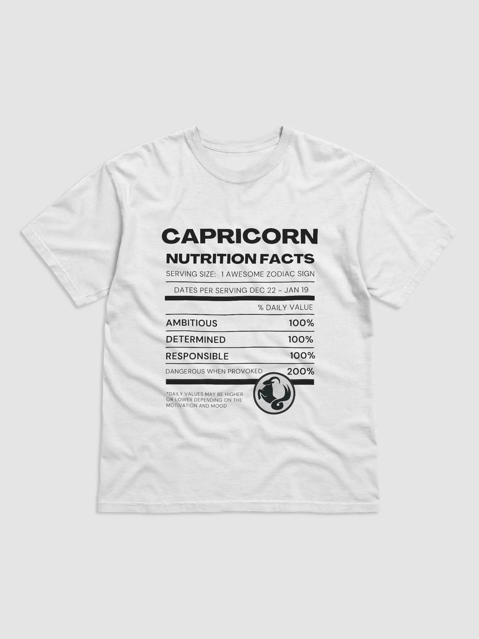 Capricorn Nutrition Facts T-Shirt (Black Writing) product image (13)