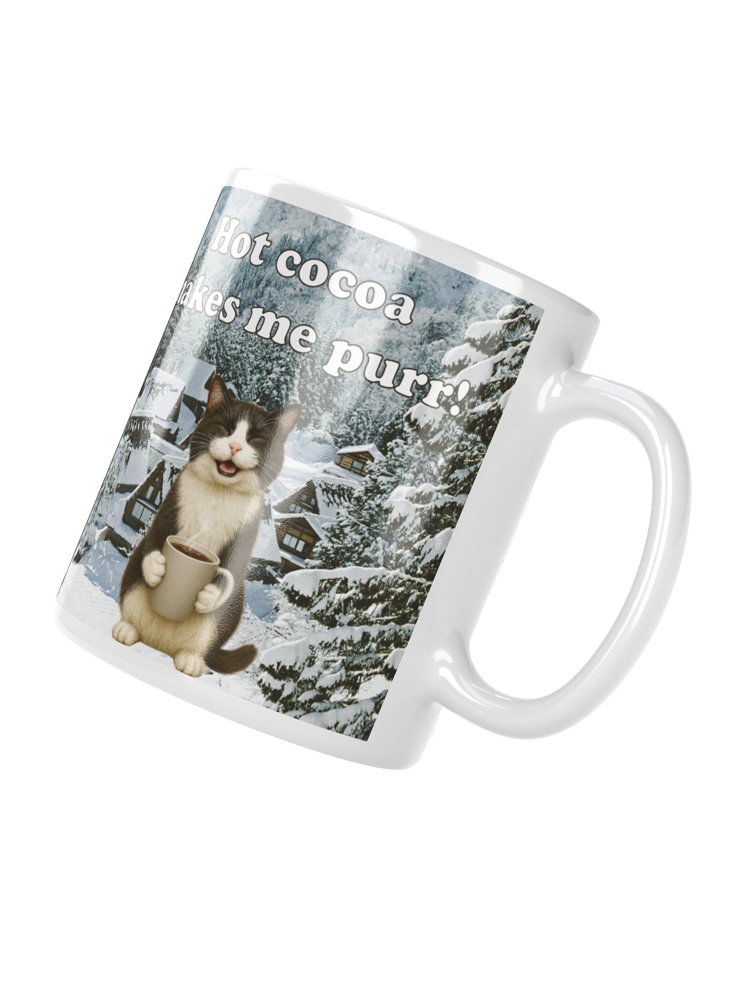 Funny mug: "Hot cocoa makes me purr!" with adorable cat image holding mug. product image (8)
