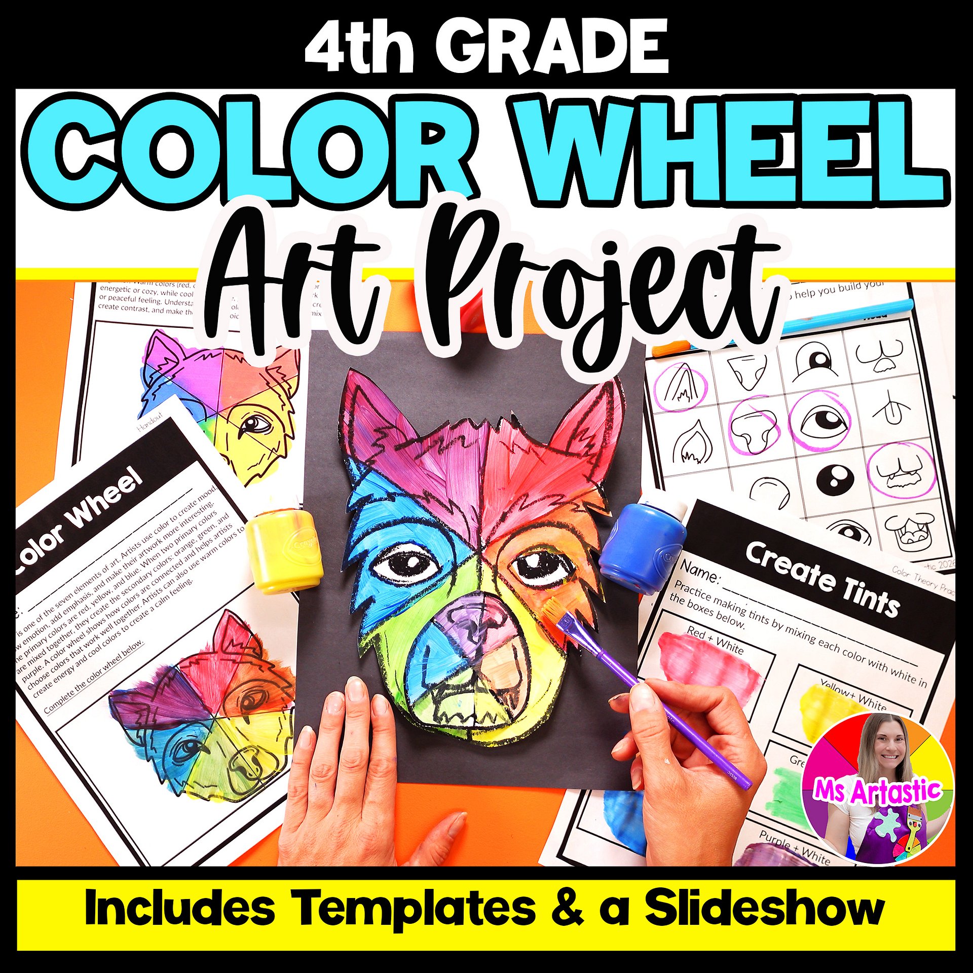 Color Wheel Art Lesson Element of Art Color 4th Grade Color Wheel Wolf Project product image (1)