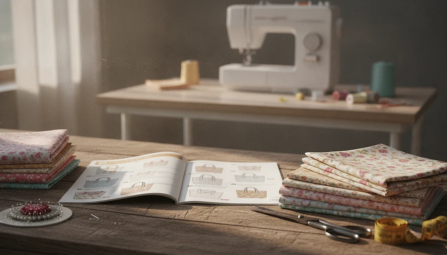 A beautifully arranged display of a downloadable tote bag sewing pattern, showcasing intricate designs and step-by-step instructions. In the foreground, vibrant cotton fabrics in a variety of colors and patterns, neatly folded and ready for cutting. The middle ground includes essential sewing tools like scissors, pins, and a measuring tape, all resting on a textured wooden table. The background features a softly blurred sewing machine and a well-lit workspace, enhancing the inviting atmosphere. Natural sunlight streams in, casting warm, soft shadows, creating a cozy vibe. The brand name "tote bag patterns" is subtly implied through the aesthetic of the sewing pattern layouts. Overall, the scene captures the joy of sewing, perfect for beginner crafters looking to start their tote bag project.
