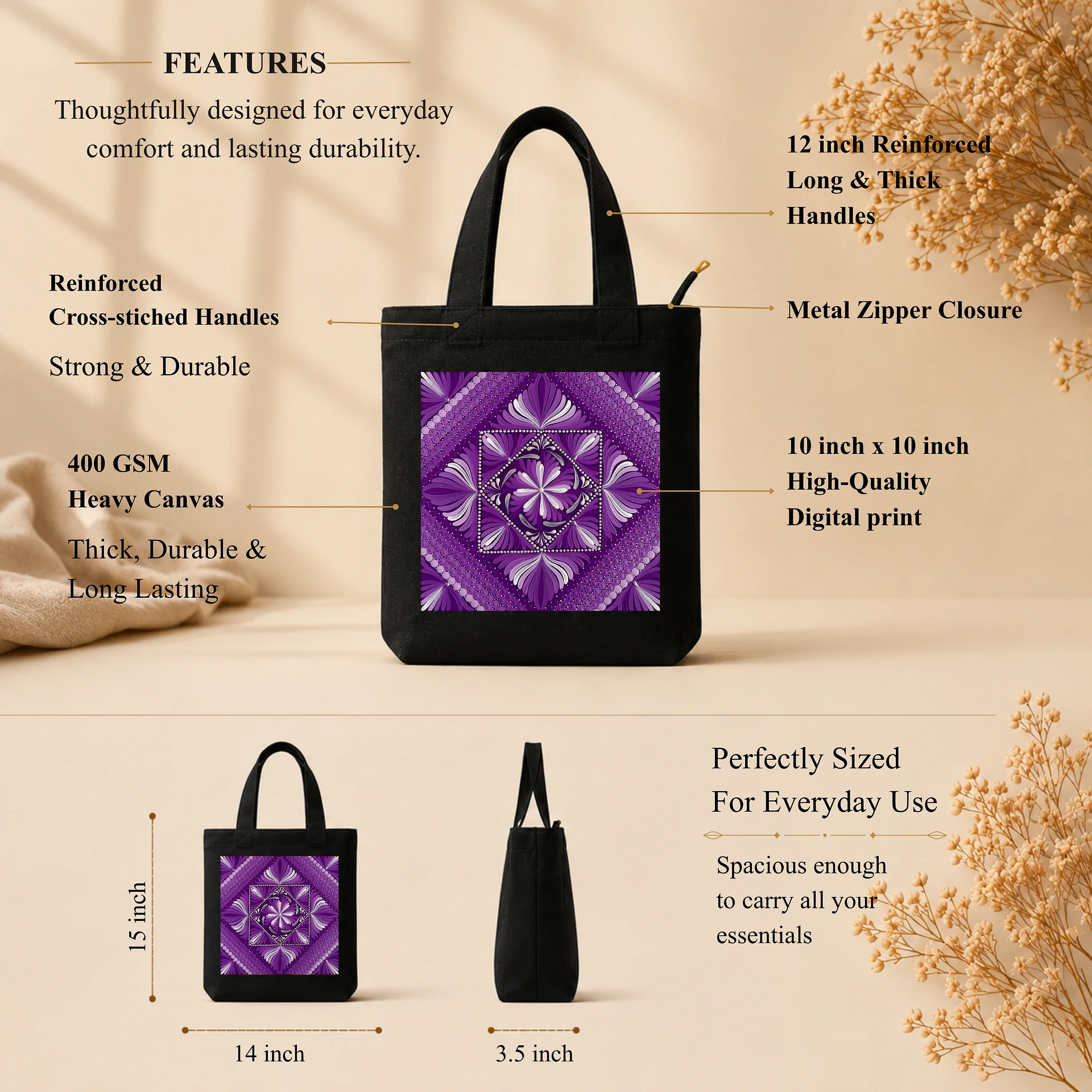 Purple Mandala Art Print Canvas Tote Bag product image (2)