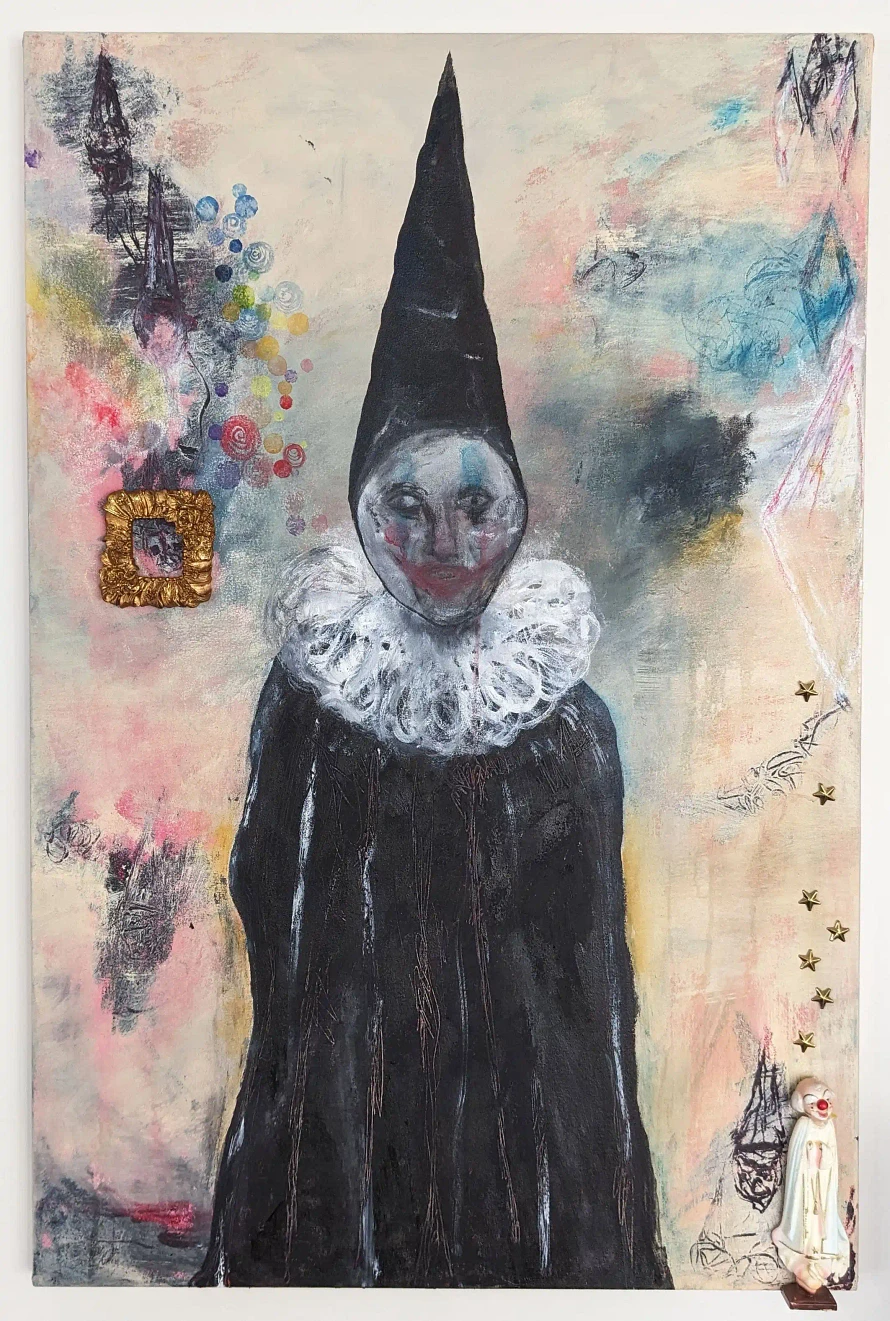 The Icon - 2025, 36″x24″ Acrylic, watercolor, oil pastel, found objects