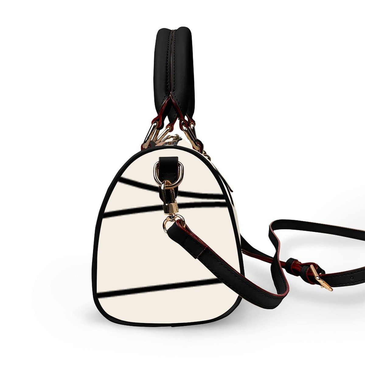 Cream Minimal Barrel Bag – Ivory & Black Structured Mini Handbag with Gold Hardware & Crossbody Strap product image (4)