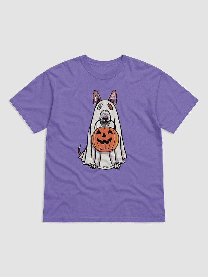 Funny Halloween Bull Terrier(Red) T-Shirt | Funny Dog Wearing a Ghost Costume and Holding a Pumpkin Basket product image (1)