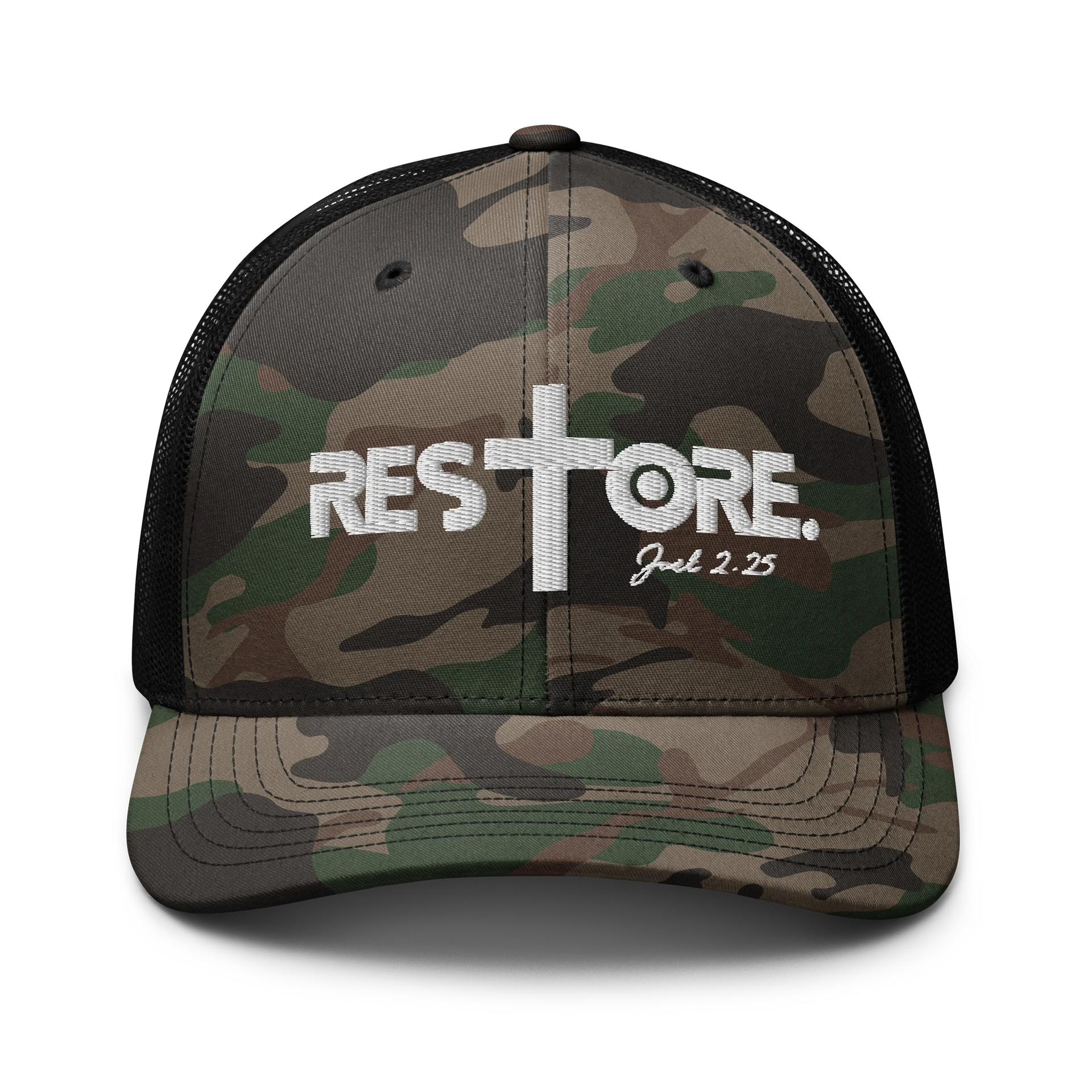 RESTORE™ Camo Trucker Hat | Joel 2:25 Christian Snapback | Faith-Inspired Mesh Cap | Scripture Apparel product image (1)