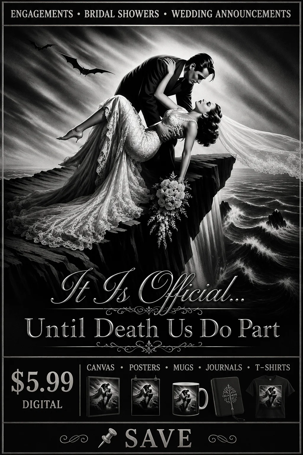 Gothic Wedding Wall Art "Until Death Us Do Part" Bridal Print Gift For Her Him product image (1)