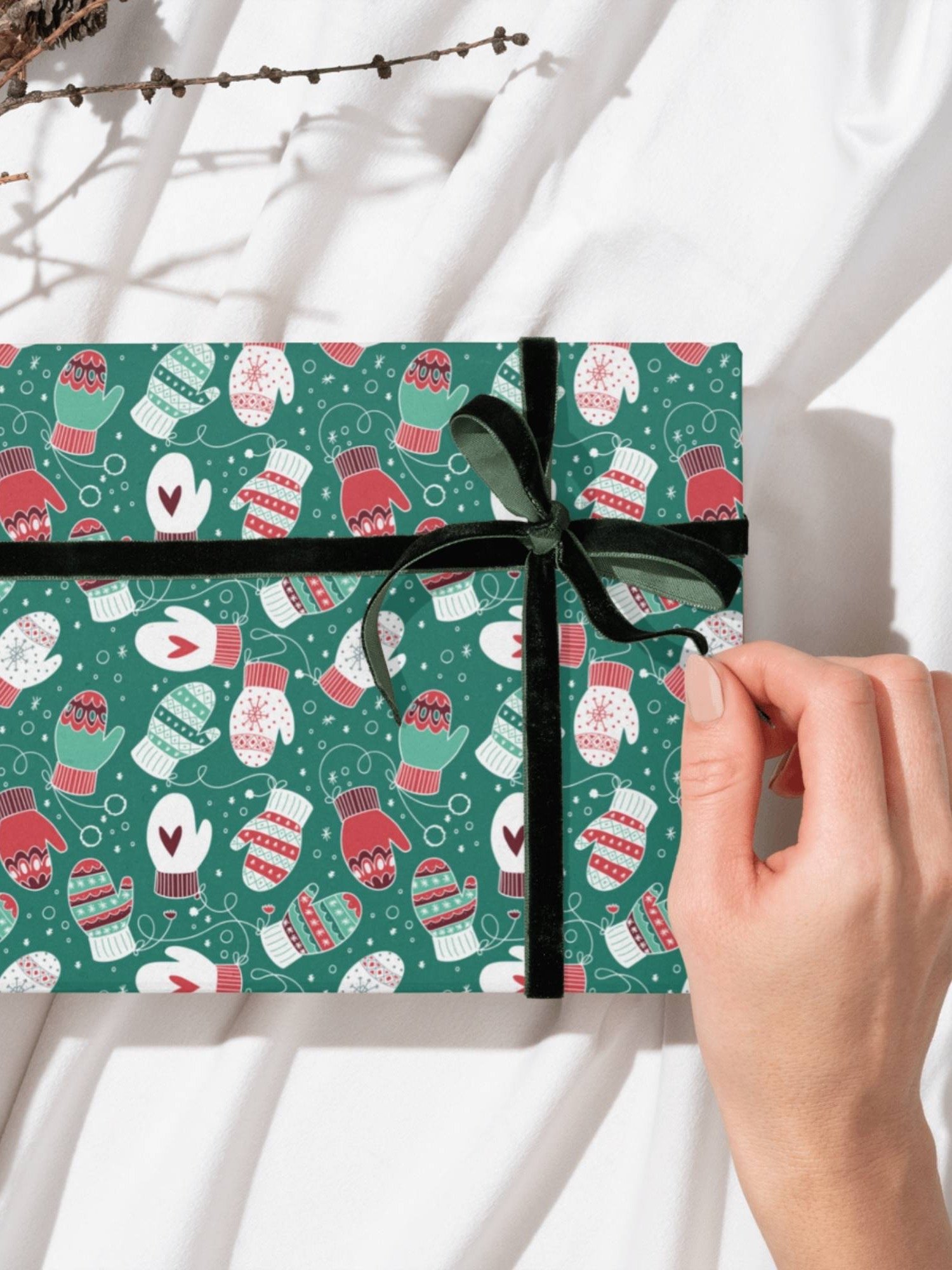 Festive Winter Christmas Mittens Pattern Wrapping Paper, 3 Pack (Red & Green) product image (1)