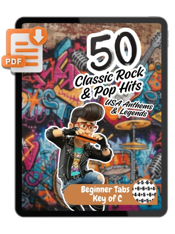 50 Classic Rock & Pop Hits: Easy Harmonica Tabs for Beginners - Key of C (USA Anthems & Legends) product image (1)