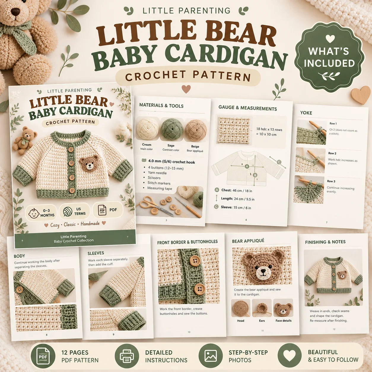 Little Bear Baby Cardigan Crochet Pattern PDF – 0–3 Months product image (3)