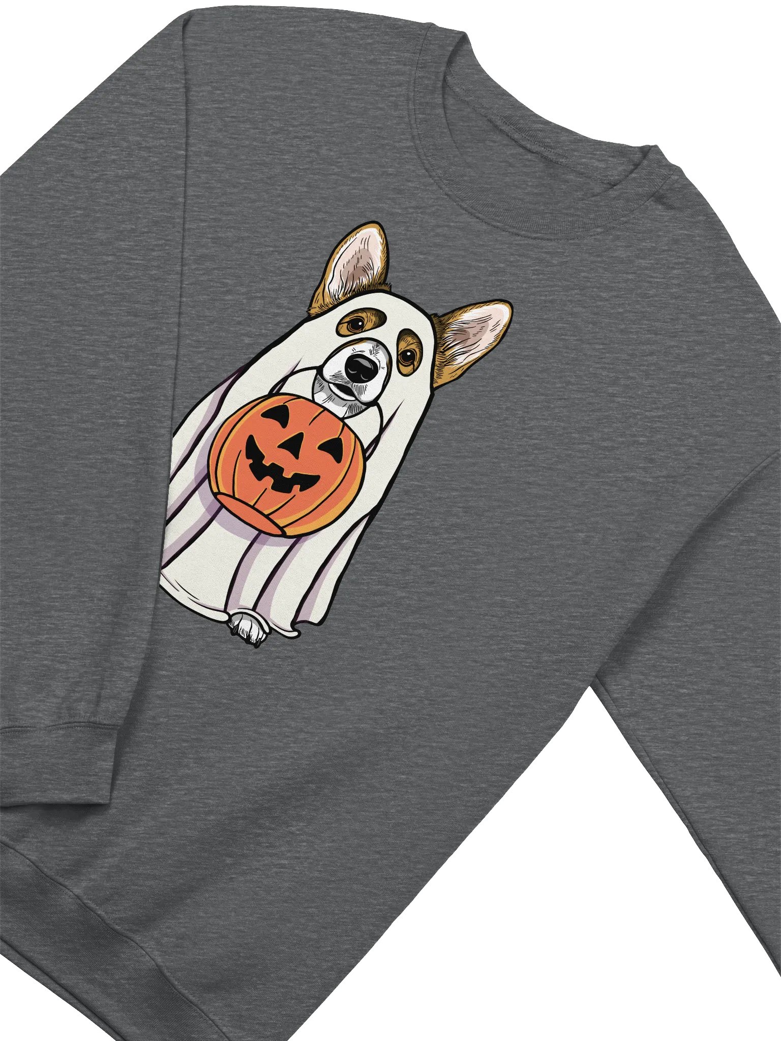 Funny Halloween Pembroke Welsh Corgi(Sable) Sweatshirt | Funny Corgi Wearing a Ghost Costume and Holding a Pumpkin Basket product image (4)