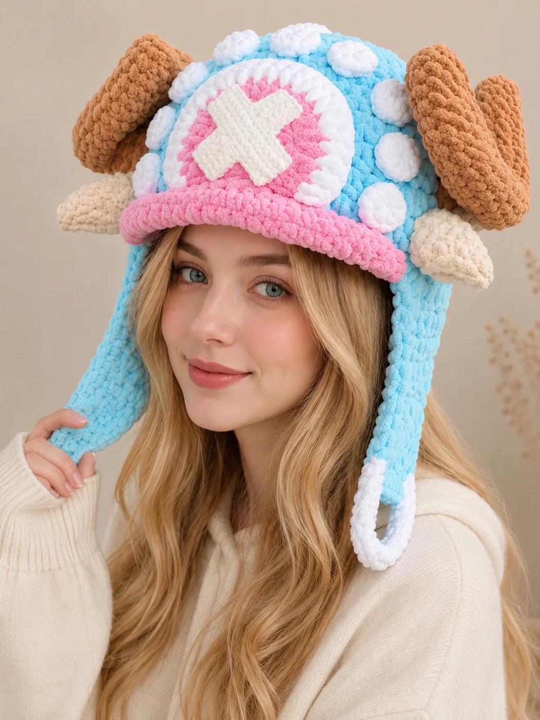 Pastel Crochet Plush Hat, Reindeer Doctor Pirate Inspired Beanie product image (8)