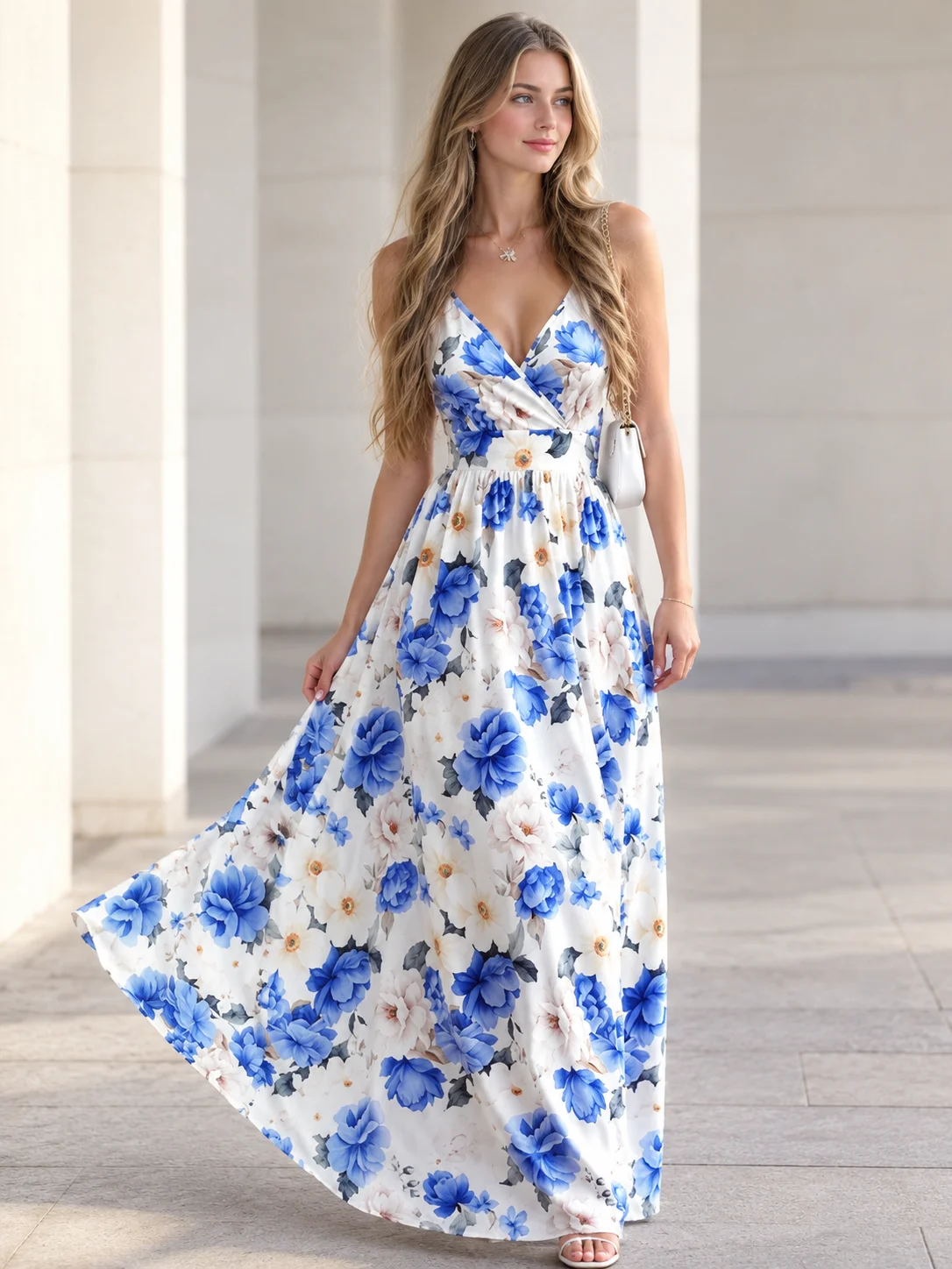 EMERY ROSE Women's V-Neck Floral Print Waist Cinched Long Sleeveless Dress product image (2)