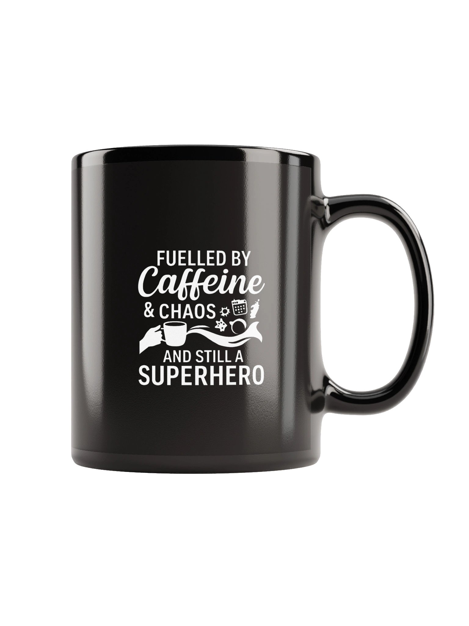 Fueled by Caffeine & Chaos — Black Superhero Mug product image (5)