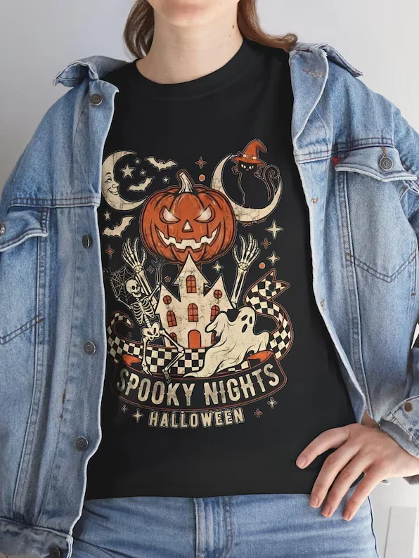 Spooky Nights Halloween Pumpkin Tee | Haunted House Jack-O'-Lantern Shirt product image (2)