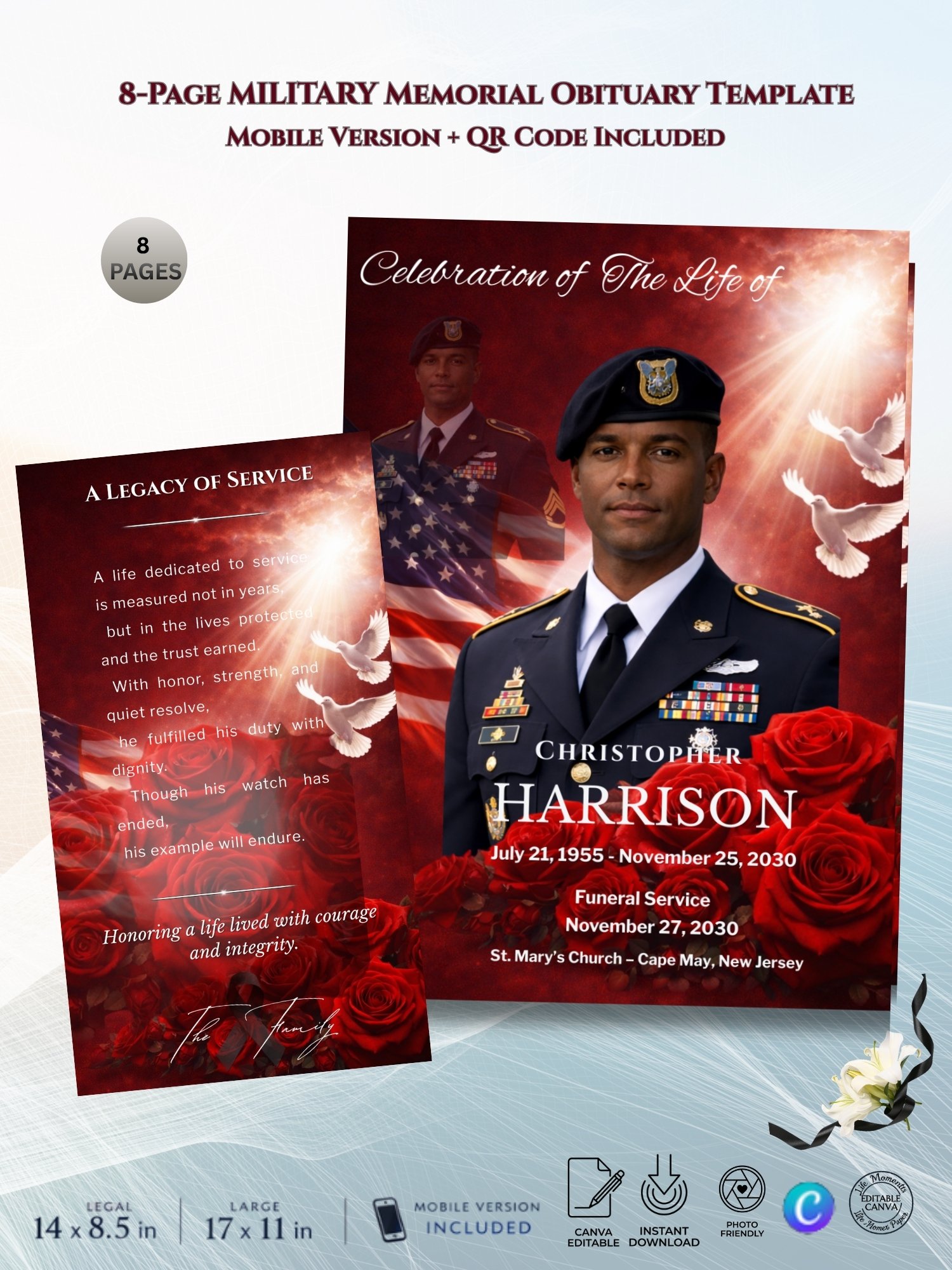 QR Code Military Funeral Program Template with 8-Slide Mobile Tribute & 17x11 Tabloid Canva Layout product image (4)