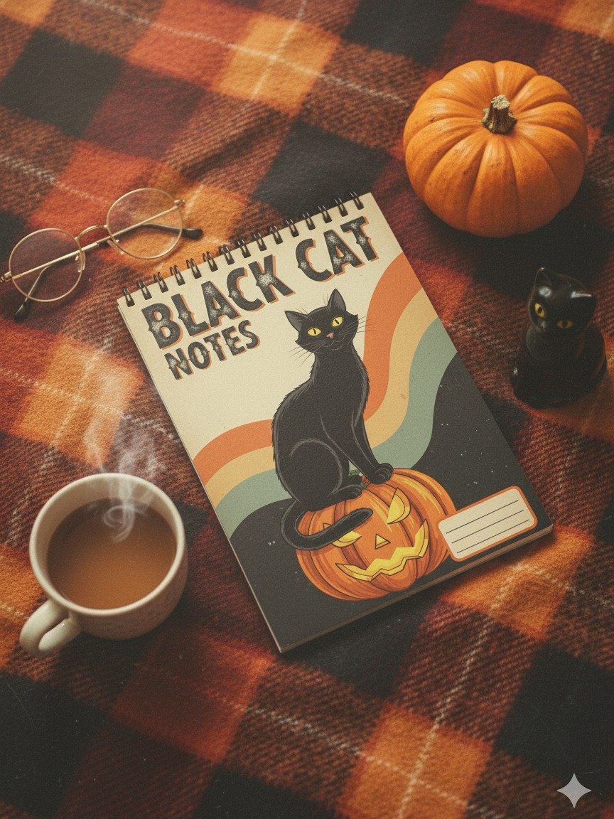Black Cat Notes Digital Notebook Cover | Halloween Printable Journal | Retro 70s Spooky Stationery | Vintage Cat Lover Planner product image (3)