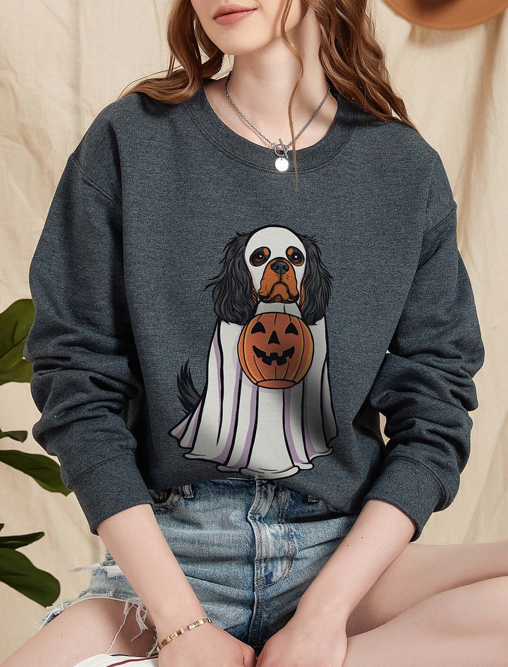 Funny Halloween Cavalier King Charles Spaniel(Black & Tan) Sweatshirt | Funny Cavalier Wearing a Ghost Costume and Holding a Pumpkin Basket product image (2)
