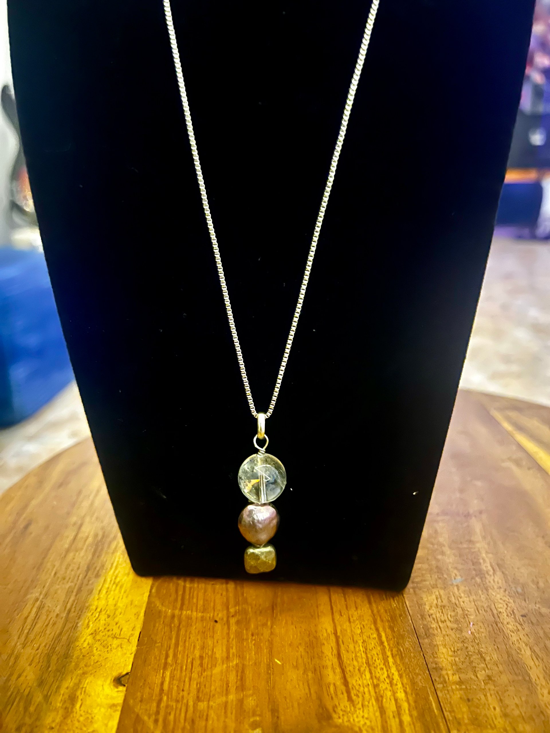 Vertical Herkimer crystal ball, pyrite and coin Pearl necklace product image (1)