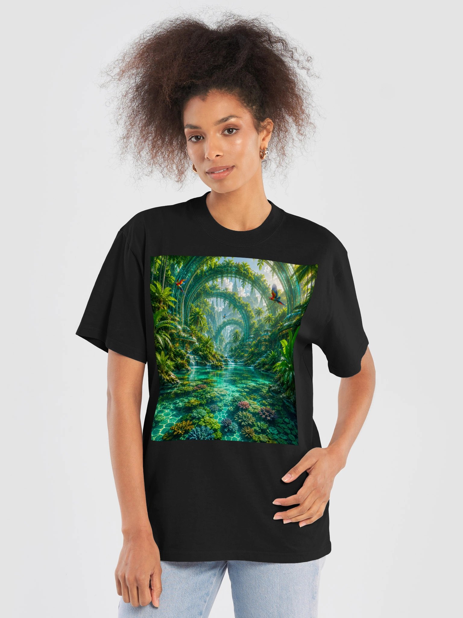 Futuristic Tropical Utopia T-Shirt | Turquoise Lagoon & Coral City Graphic Tee | Unisex Oversized product image (6)