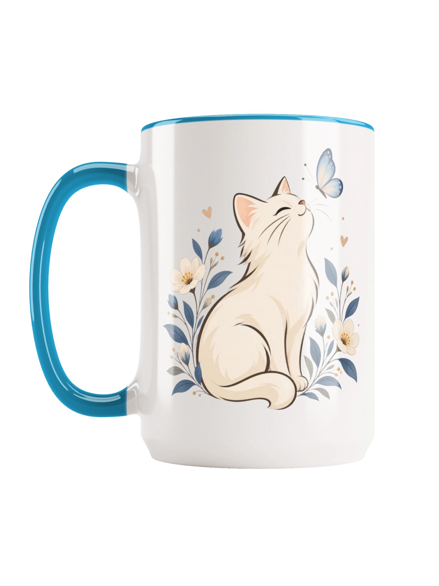 15 oz Light Blue Ceramic Mug | Cute Cat & Butterfly Design product image (1)