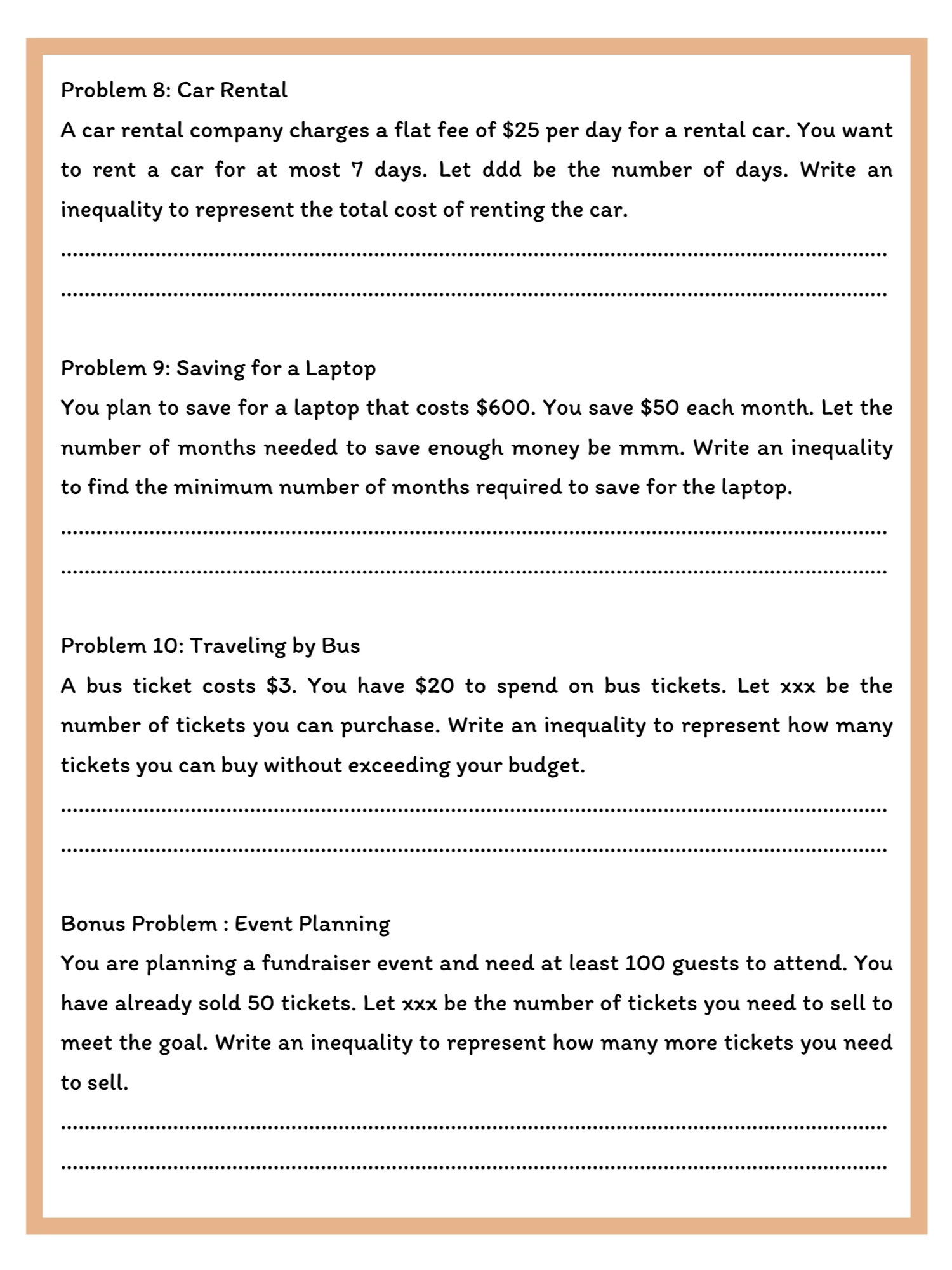 Inequality Word Problems Worksheet with Answer Key product image (3)