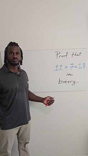Decimal to Binary - Proof that 11+7=18 in binary 

Follow me on: 
YouTube: https://www.youtube.com/@ProfessorGovalla
Instagra...