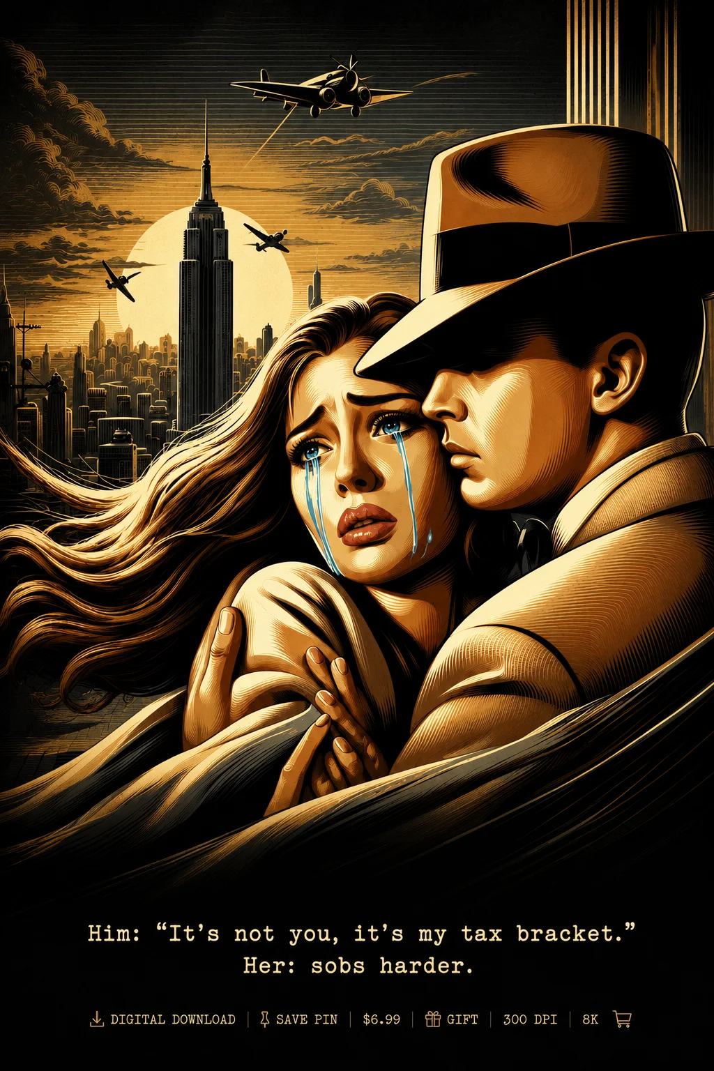 It's Not You, It's My Tax Bracket Funny Noir Wall Art, Vintage Romance Digital Download Gift Art! product image (1)