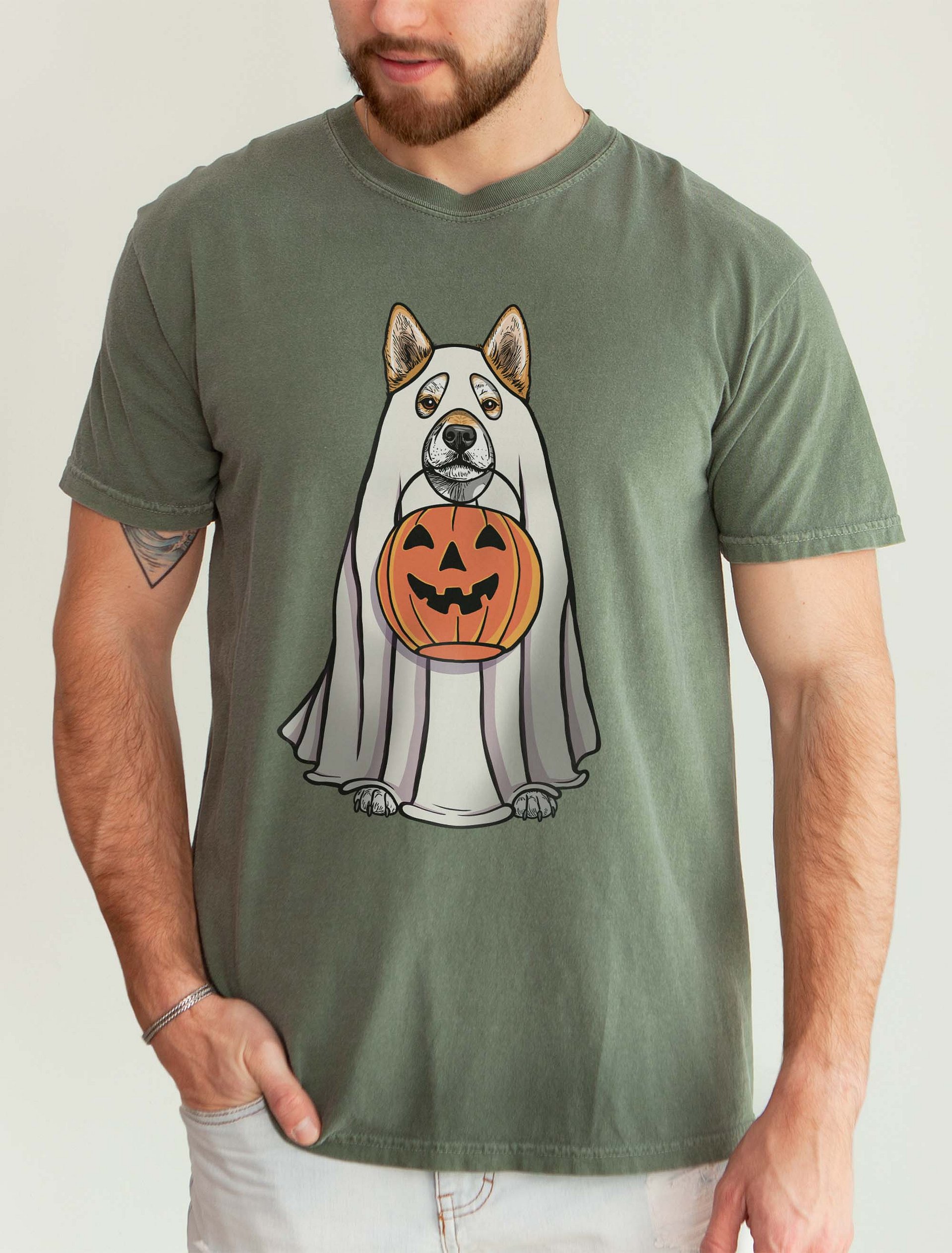 Funny Halloween Shiba Inu T-Shirt | Funny Dog Wearing a Ghost Costume and Holding a Pumpkin Basket product image (2)