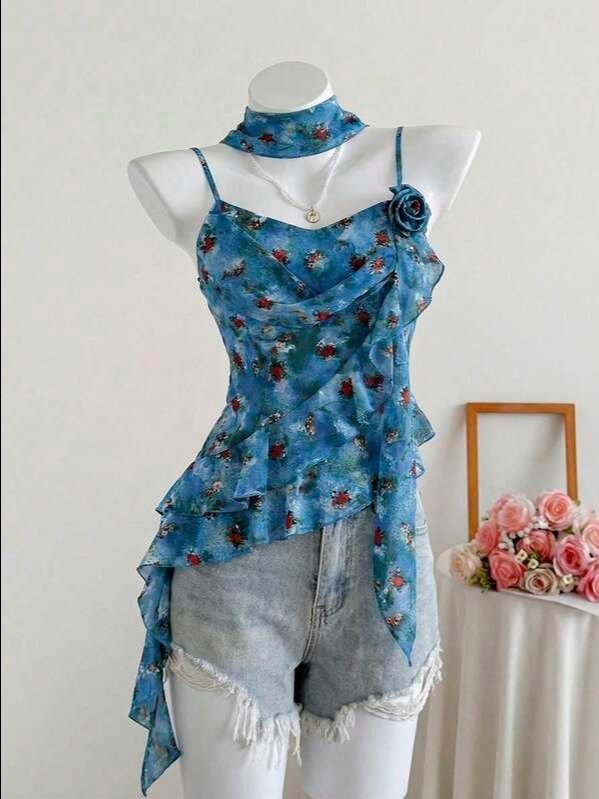 3D Rose Floral V-Neck Asymmetric Cami Top | Women's Boho Slim Fit Graphic Camisole for Beach, Vacation & Daily Wear | ADLEST product image (1)