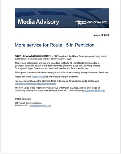 More service for Route 15 in Penticton